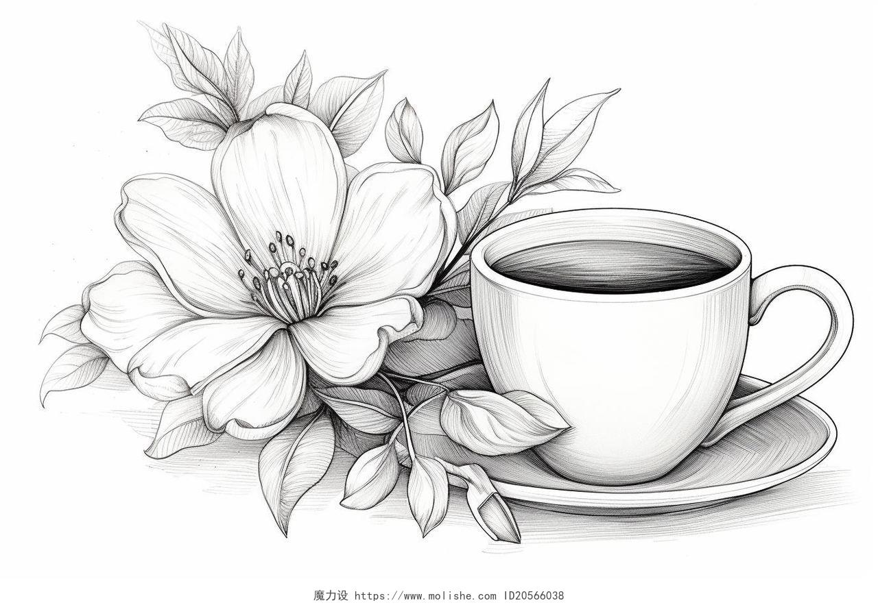 一杯咖啡和一枝花彩铅手绘AI插画